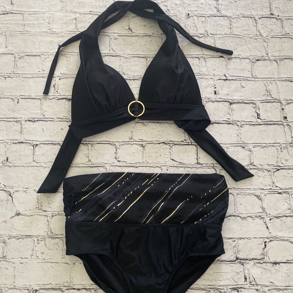 Simon Chang Vintage Black And Gold Bikini Padded Halter Top Size 10 Bond Girl EC - Picture 6 of 16